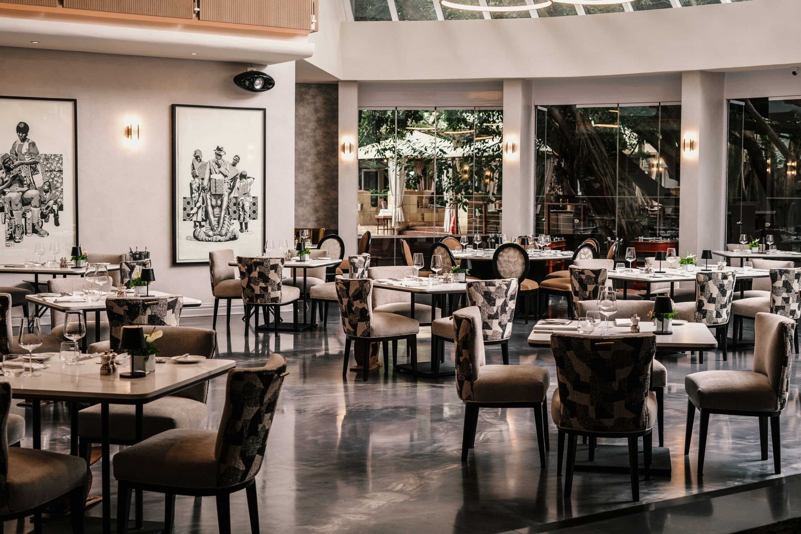 The full dining room with views into the Saxon garden