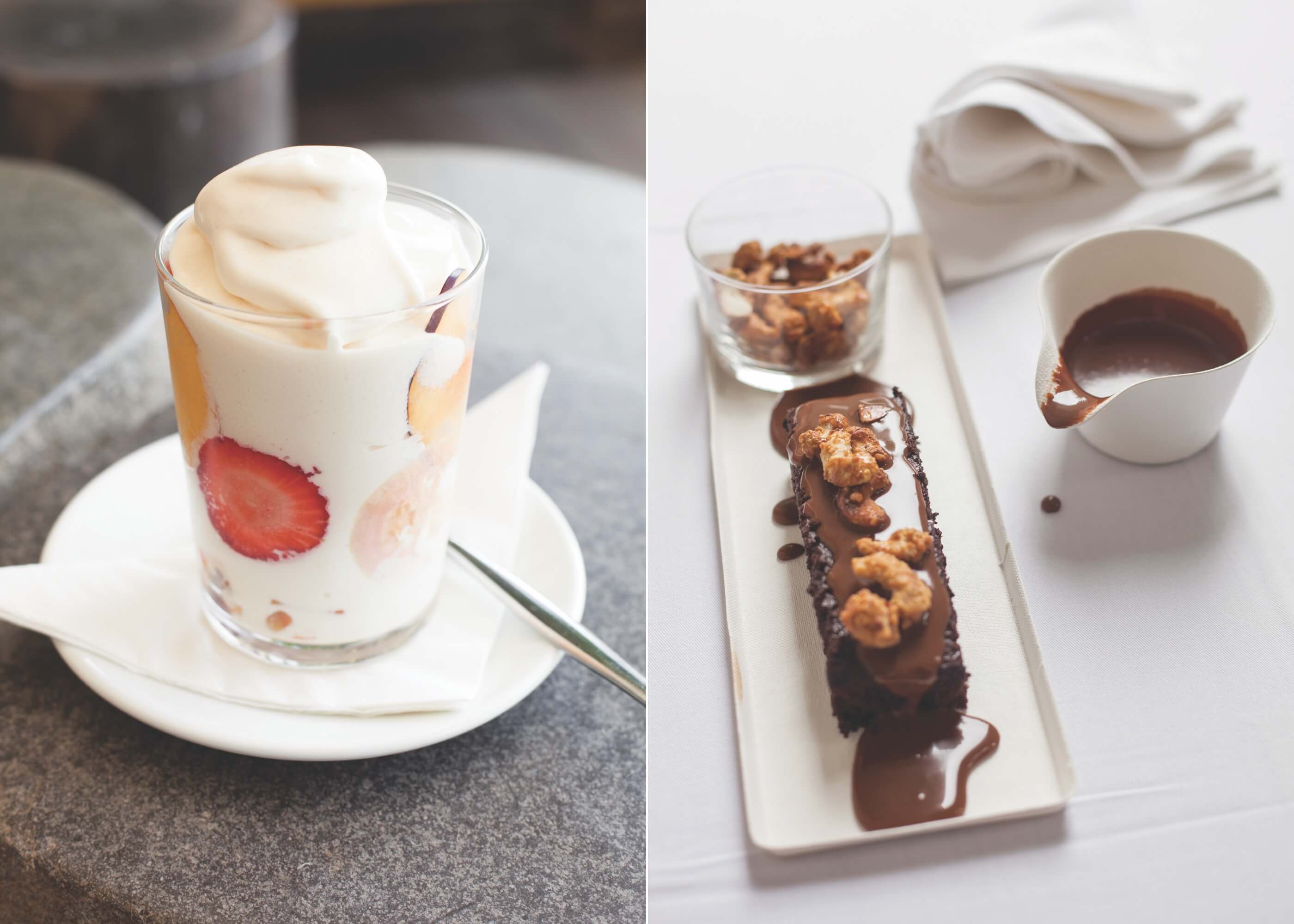 Berry yoghurt parfait and chocolate tart with caramel popcorn